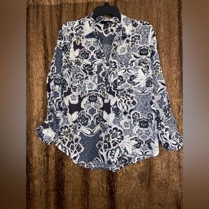 Erika 1/4 Button Lightweight Cotton Blouse Top Size PM Black & White Floral-EUC